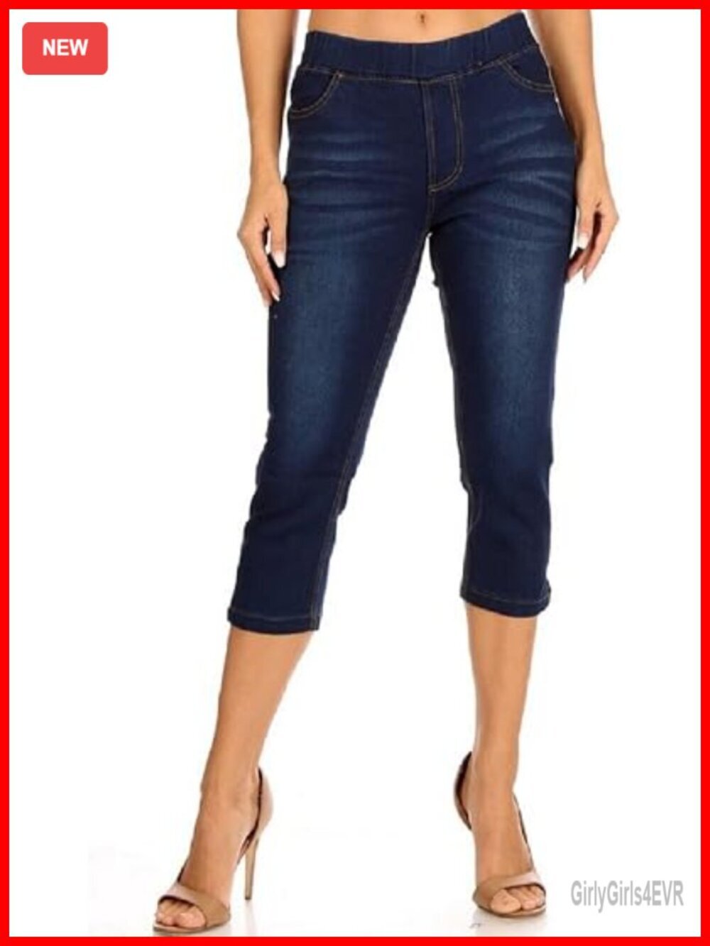Denim Capri Jeans Pull-On Skinny Jeggings with Pockets Stretch Mid Rise